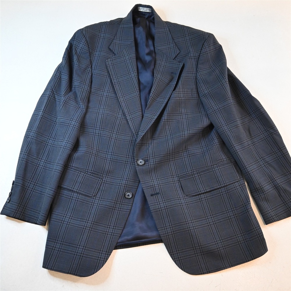 Vtg USA Made 38R Blue Plaid 100% Wool Mens Blazer Suit Jacket Sport Coat